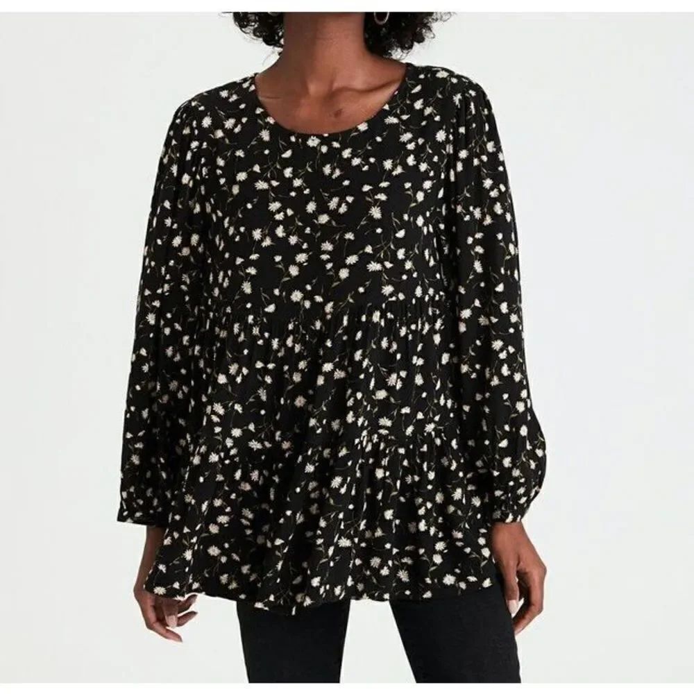 American Eagle Women Black Printed floral Tunic Babydoll Top size M